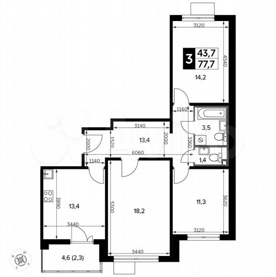 3-к. квартира, 77,7 м², 19/20 эт.