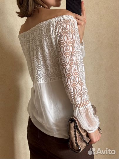 Белая шелковая блузка с кружевом, 44-46 р