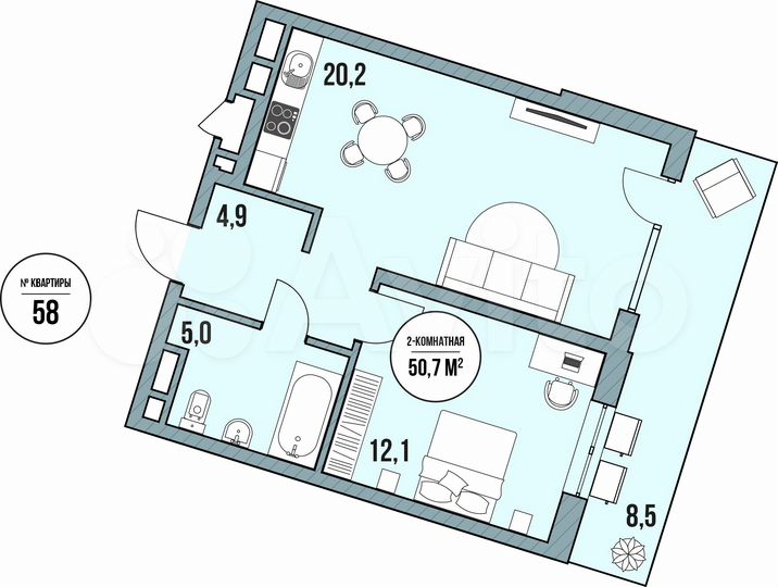 2-к. квартира, 56,7 м², 1/5 эт.