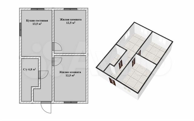 2-к. квартира, 54 м², 1/1 эт.