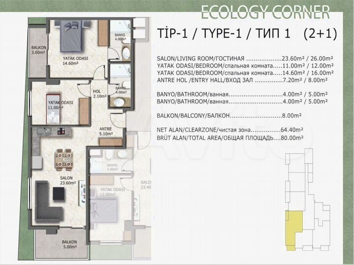 3-к. квартира, 110 м² (Турция)