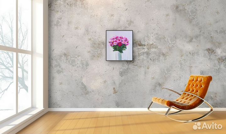 Картина маслом букет с фиолетовыми цветами астры