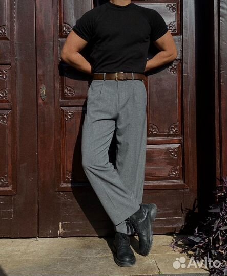 Мужские широкие брюки с защипами (серые)