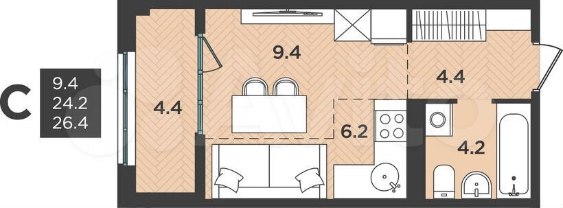 1-к. квартира, 26,4 м², 7/12 эт.