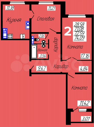 2-к. квартира, 74,1 м², 9/10 эт.