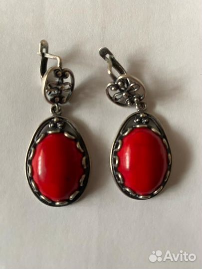 Серьги и кольца с кораллом и бирюзой