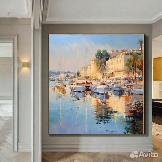 Картина маслом яхты в укрытии Премиум холст