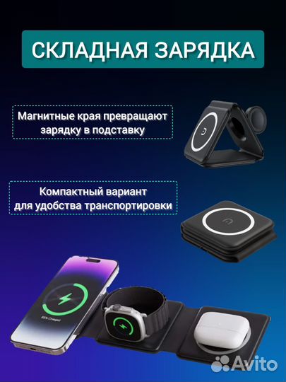 Зарядка беспроводная 3в1 /смартфон/iWatch/наушники