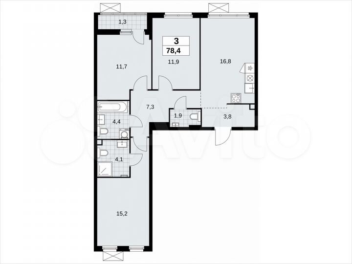 3-к. квартира, 78,4 м², 2/14 эт.