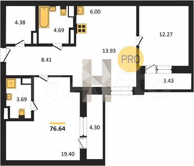 2-к. квартира, 76,6 м², 2/25 эт.