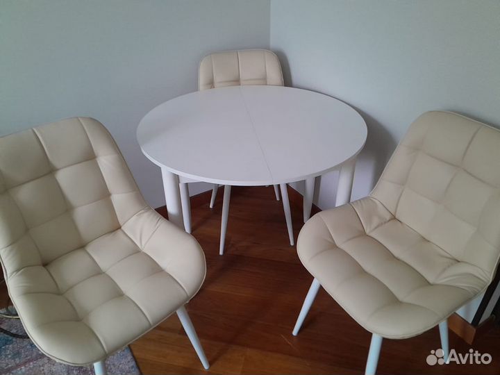 Стол обеденный круглый раздвижной белый со стульям