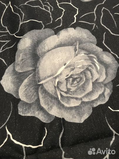 Винтажный черный сатин, принт Розы, СССР, 80е