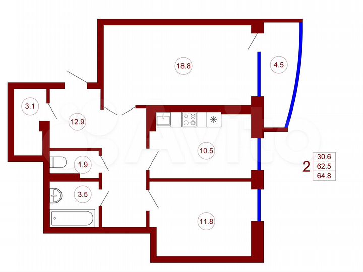 2-к. квартира, 64,8 м², 1/16 эт.