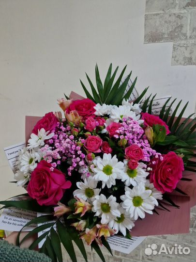 Роза, букет, хризантемы