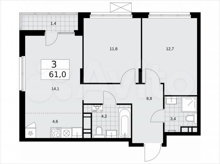 3-к. квартира, 61 м², 15/16 эт.