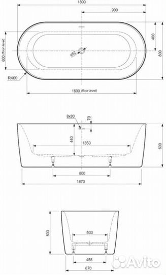 Ванна акриловая Cezares metauro-INT-Central-180-80-60