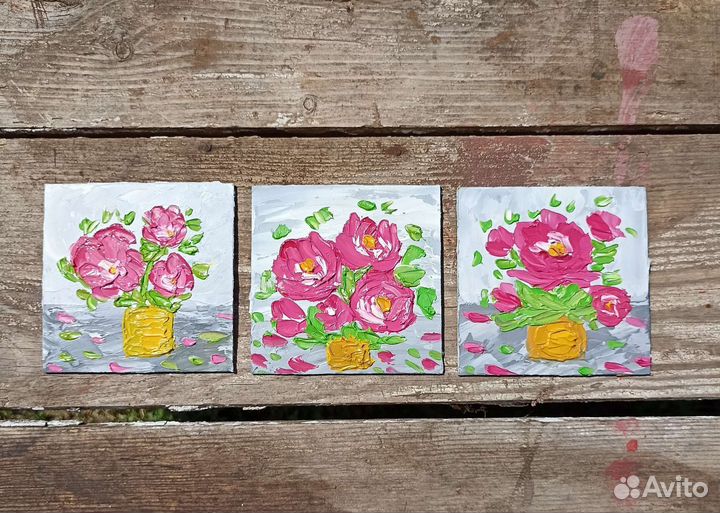 Объемная картина маслом пионы 3 миниатюры