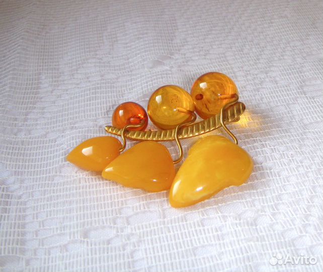 Янтарная Брошь Натуральный Янтарь Желток Латунь