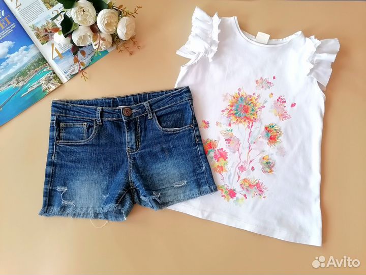 Футболка Зара и джинсовы шорты для девочки 128