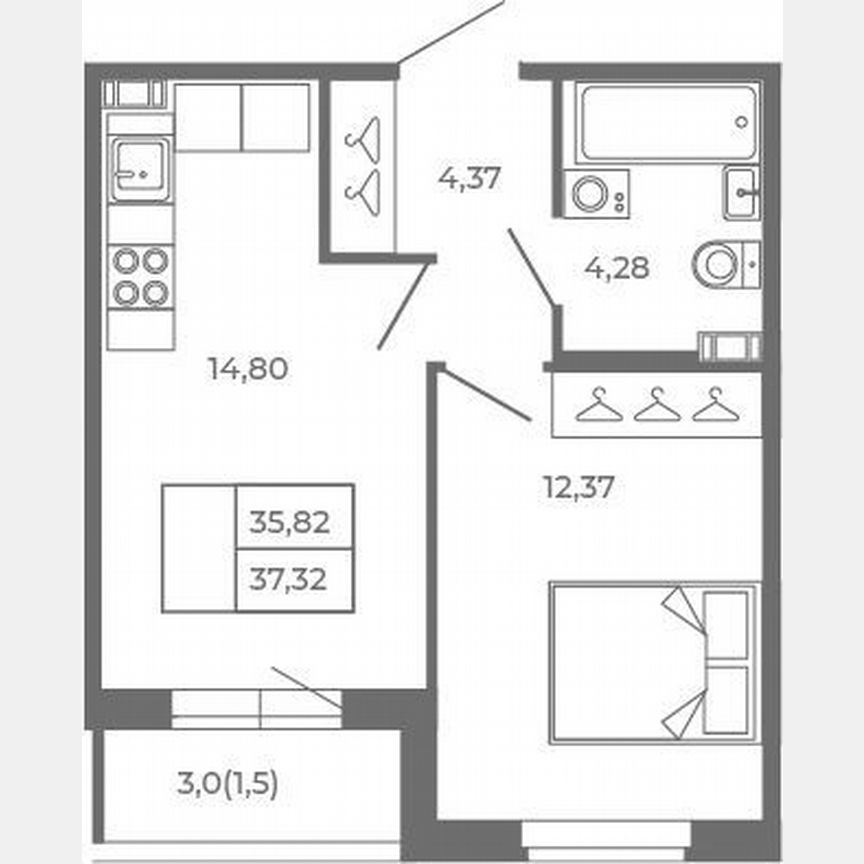 1-к. квартира, 35,8 м², 3/4 эт.