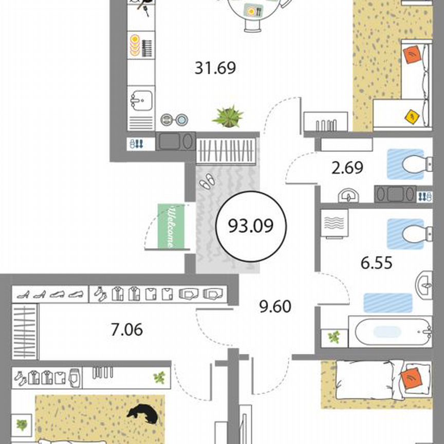 2-к. квартира, 93,1 м², 6/12 эт.