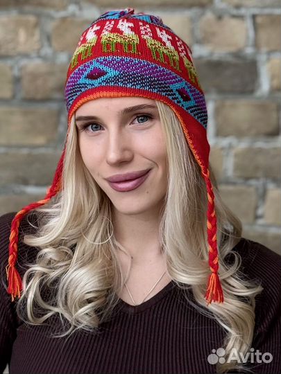 Женская вязаная шапка шерсть альпака двусторонняя Чульо Дос цвет красный-оранжевый