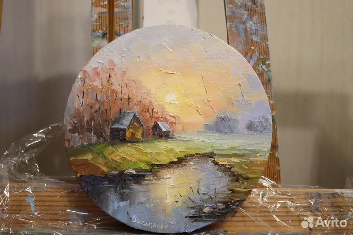 Картина маслом на холсте Деревенский пейзаж круг