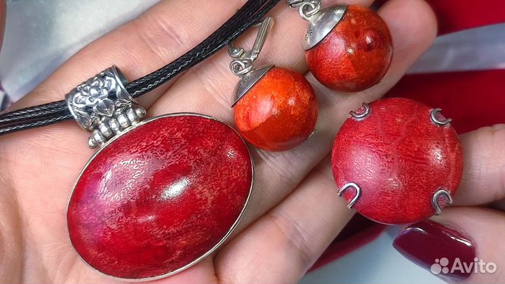 Кольцо, серьги, кулон с губчатым кораллом, 925