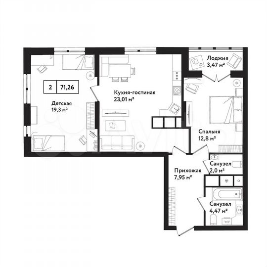 2-к. квартира, 71,3 м², 3/25 эт.