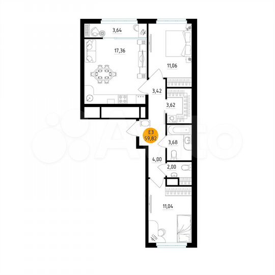2-к. квартира, 59,8 м², 2/25 эт.