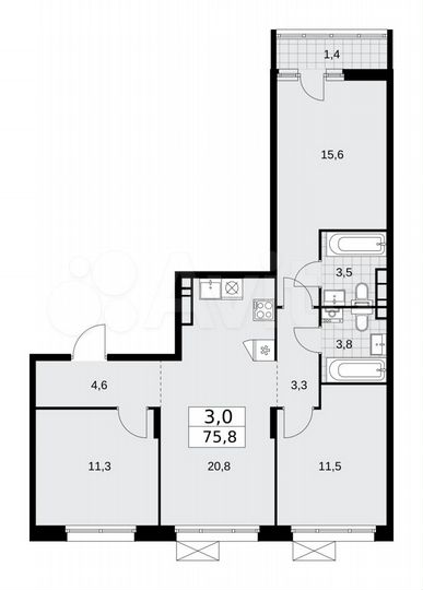 3-к. квартира, 75,8 м², 9/16 эт.