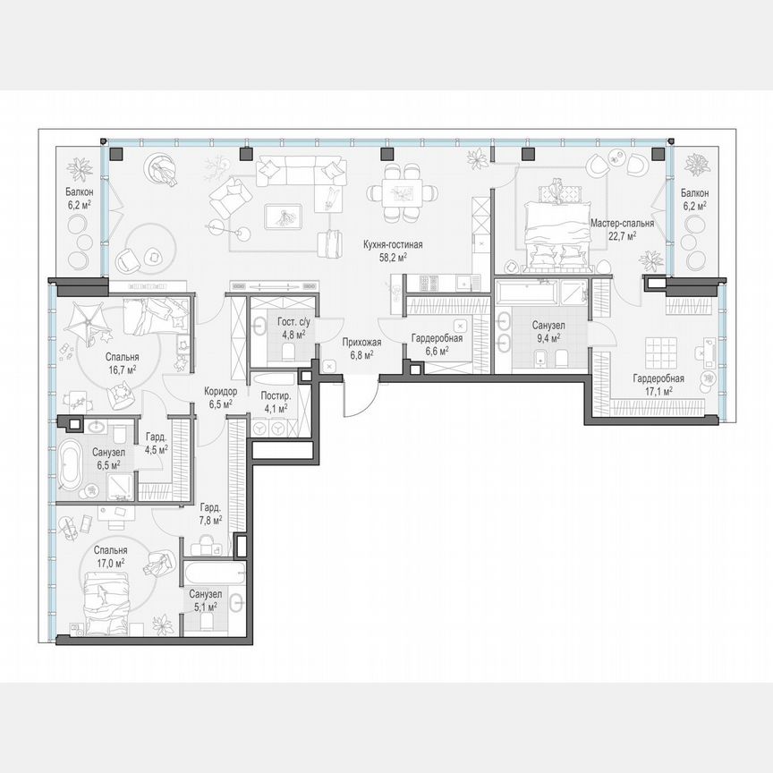 3-к. квартира, 197,6 м², 2/10 эт.