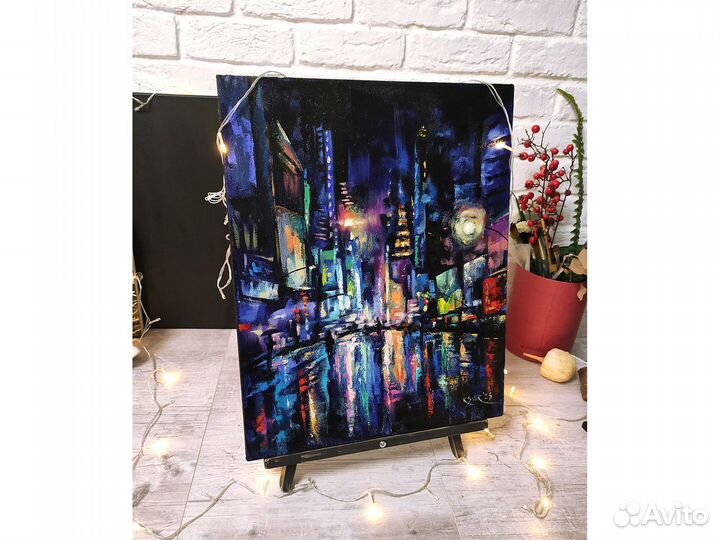 Картина ночной город маслом на холсте 40х50 см