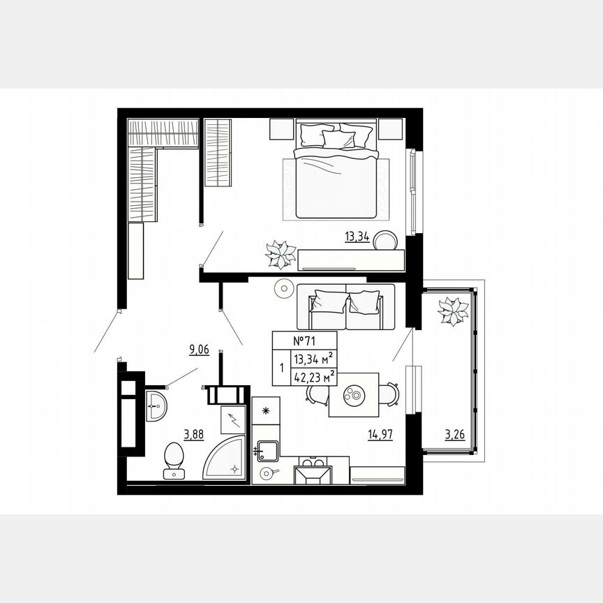 1-к. квартира, 42,2 м², 4/4 эт.