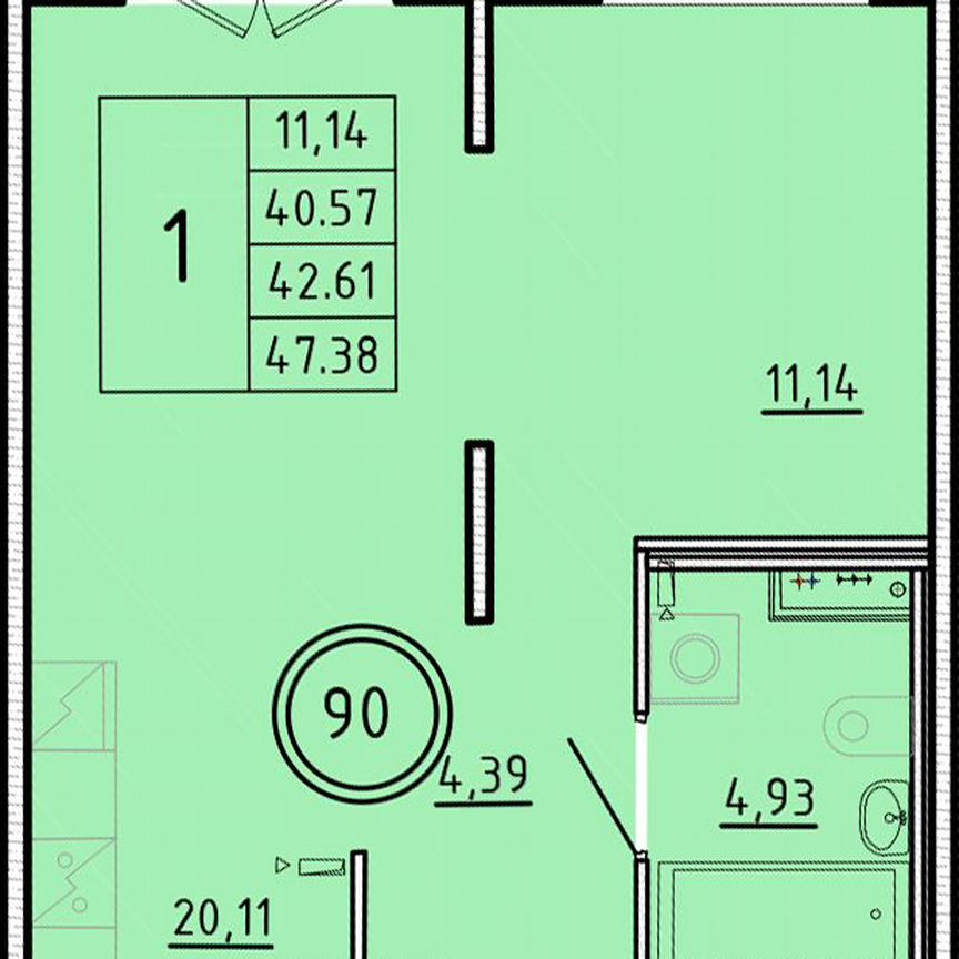 1-к. квартира, 40,6 м², 1/4 эт.