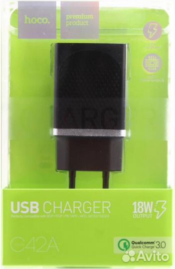 Зарядное устройство USB 3А, hoco C42A 18W, QC3.0