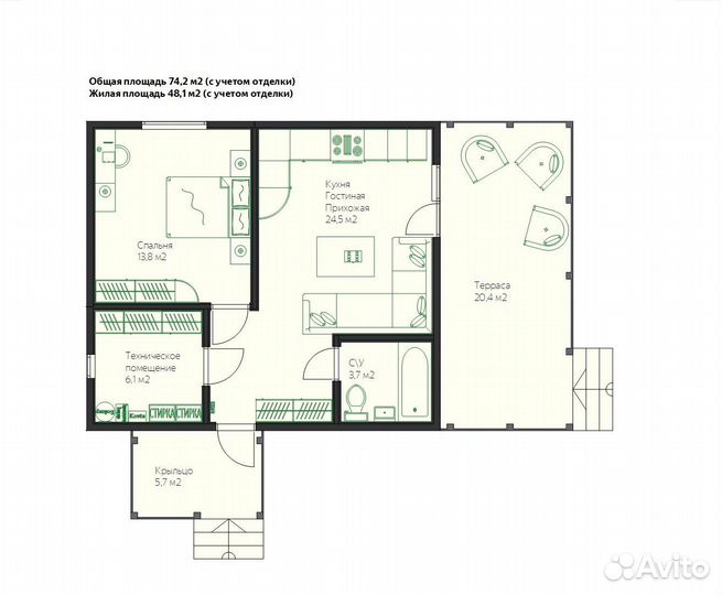 Каркасный дом под ключ 74,2 кв m