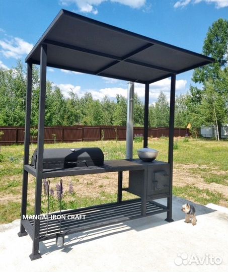 Мангал с крышей и печкой под казан