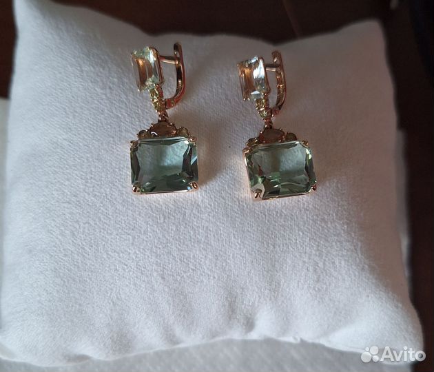 Золотые серьги 585 пробы с хризолитами и аметистом