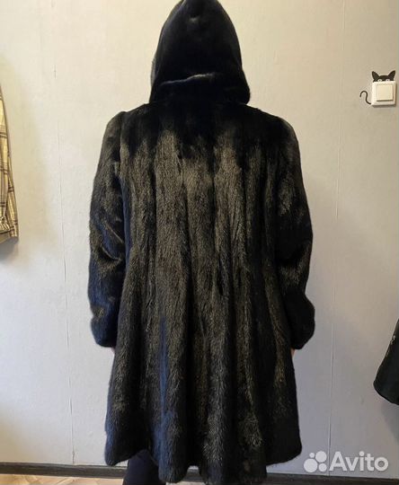 Шуба норковая 46 48 черная с капюшоном