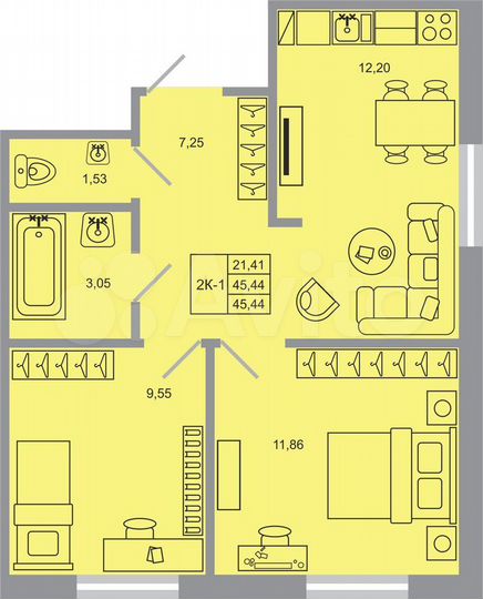 2-к. квартира, 45,4 м², 2/17 эт.