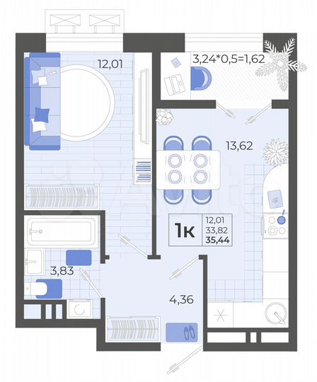 1-к. квартира, 35,4 м², 8/12 эт.