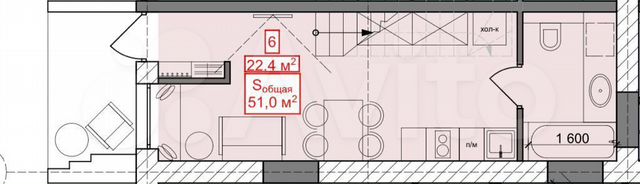 Апартаменты-студия, 33,5 м², 2/3 эт.