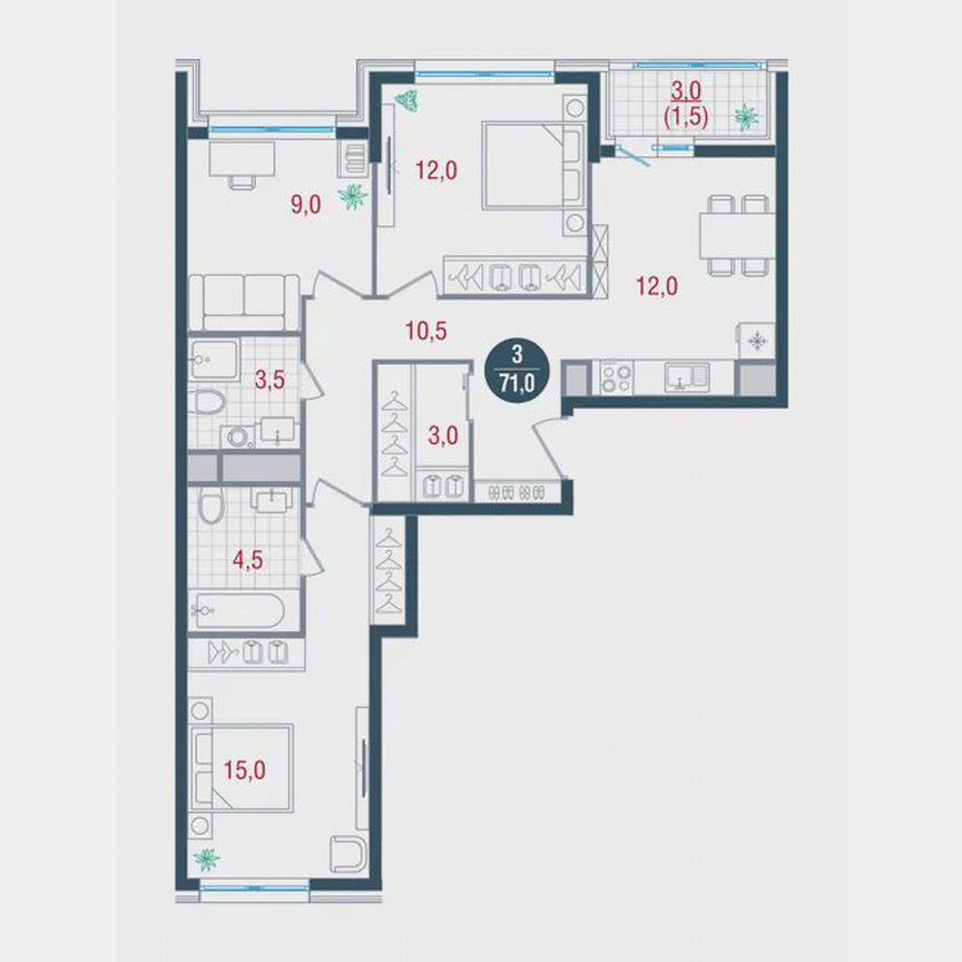 3-к. квартира, 71 м², 14/26 эт.