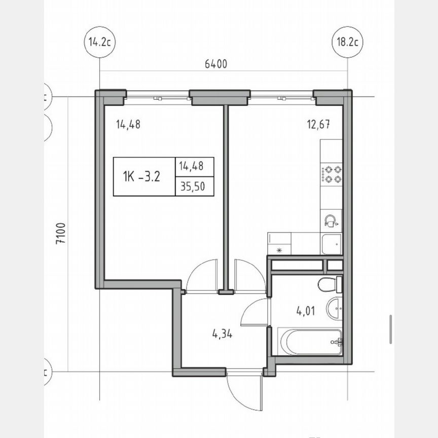 1-к. апартаменты, 35,5 м², 3/14 эт.