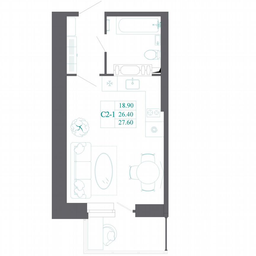 Квартира-студия, 27,6 м², 2/19 эт.