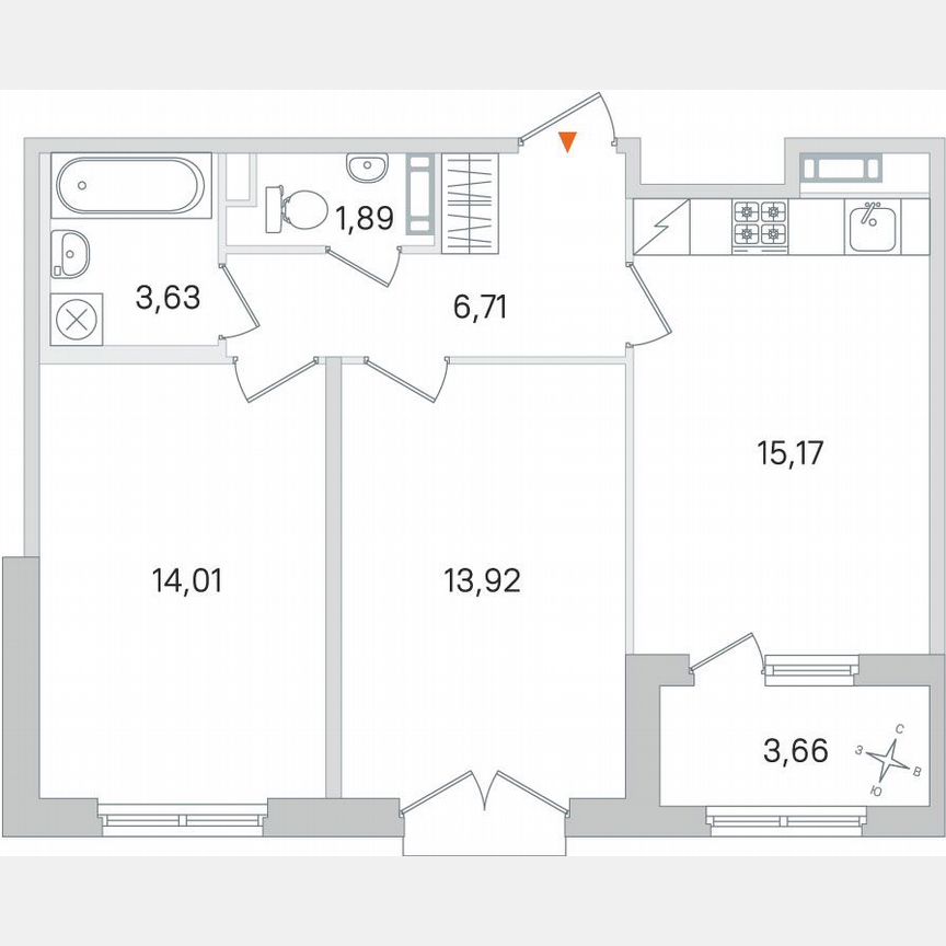 2-к. квартира, 57,2 м², 4/4 эт.