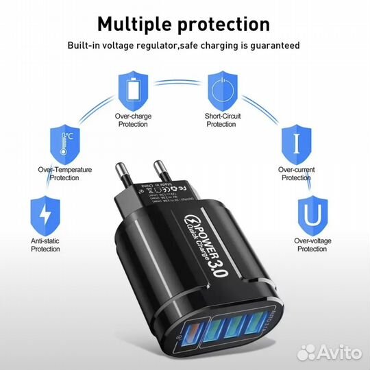 Сетевое зарядное устройство с 4 USB портами, 3,1A