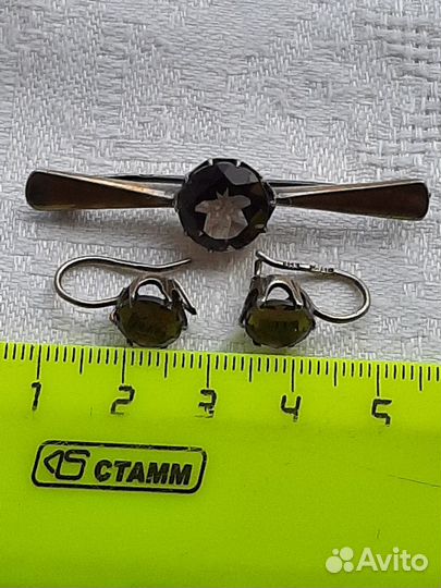 Серьги и брошь серебро СССР 875 проба голова