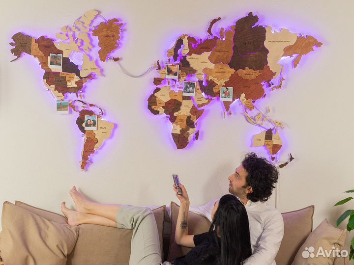 Деревянная карта мира с подсветкой